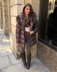 Seraphine Faux Fur Hooded Belted Coat- Bronze