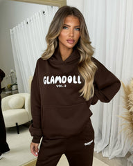 Zoey 'GLAMDOLL' BUBBLE PRINT Design Hoodie & Flared Jogger Set - Chocolate