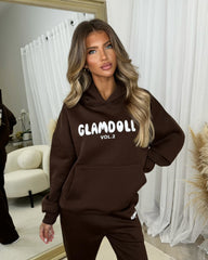 Zoey 'GLAMDOLL' BUBBLE PRINT Design Hoodie & Flared Jogger Set - Chocolate