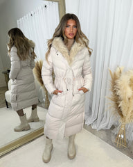Mia Faux Fur Pull in Waist Long Padded Coat - Beige