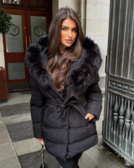 Seraphine Faux Fur Hooded Belted Coat- Black