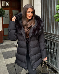 Seraphine Faux Fur Hooded Belted Coat- Black