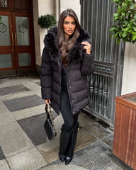 Seraphine Faux Fur Hooded Belted Coat- Black