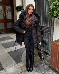 Seraphine Faux Fur Hooded Belted Coat- Black