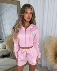 Scarlett Logo Design Cropped Hoodie & Short Set - Baby Pink