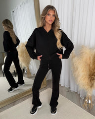 Bethan Zip up Bomber Jacket & Flares Set - Black