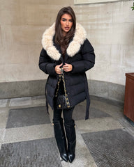 Seraphine Faux Fur Hooded Belted Coat- Black/Beige