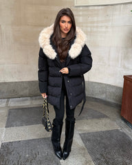 Seraphine Faux Fur Hooded Belted Coat- Black/Beige
