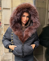 Celeste Hooded Padded Bomber Jacket with Faux Fur Trim - Black/Brown