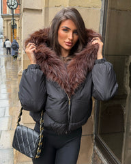 Celeste Hooded Padded Bomber Jacket with Faux Fur Trim - Black/Brown