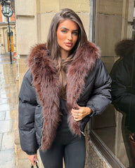 Celeste Hooded Padded Bomber Jacket with Faux Fur Trim - Black/Brown