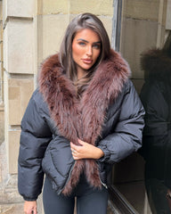 Celeste Hooded Padded Bomber Jacket with Faux Fur Trim - Black/Brown