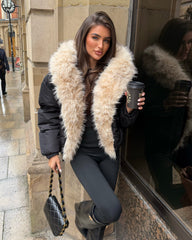 Celeste Hooded Padded Bomber Jacket with Faux Fur Trim - Black/Beige