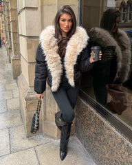 Celeste Hooded Padded Bomber Jacket with Faux Fur Trim - Black/Beige