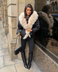 Celeste Hooded Padded Bomber Jacket with Faux Fur Trim - Black/Beige