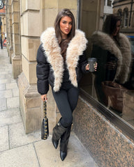 Celeste Hooded Padded Bomber Jacket with Faux Fur Trim - Black/Beige