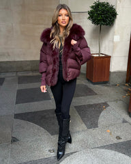 Ruby Hooded Padded Coat with Faux Fur Trim - Burgundy
