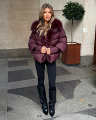 Ruby Hooded Padded Coat with Faux Fur Trim - Burgundy