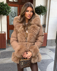 Colette Hooded Coat with Faux Fur Front & Cuffs- Camel