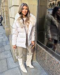 Seraphine Faux Fur Hooded Belted Coat- Beige