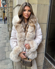 Colette Hooded Coat with Faux Fur Front & Cuffs- Beige