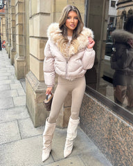 Celeste Hooded Padded Bomber Jacket with Faux Fur Trim - Beige