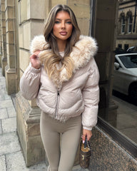 Celeste Hooded Padded Bomber Jacket with Faux Fur Trim - Beige