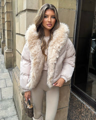 Celeste Hooded Padded Bomber Jacket with Faux Fur Trim - Beige