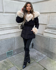 Klara Faux Fur trim Hooded Padded Coat- Black/Beige