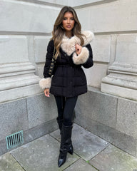 Klara Faux Fur trim Hooded Padded Coat- Black/Beige