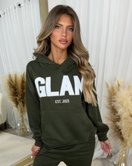 Millie 'GLAM' BOLD EMOBROIDERY Front Logo Print Hoodie - Khaki