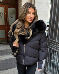 Ruby Hooded Padded Coat with Faux Fur Trim - Black
