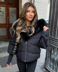 Ruby Hooded Padded Coat with Faux Fur Trim - Black