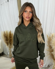 Emily 'GLAM' Embroidery Outline Front Design Fleece Lined Hoodie - Khaki