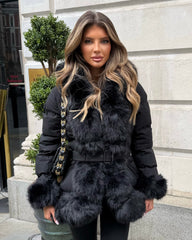 Colette Hooded Coat with Faux Fur Front & Cuffs- Black