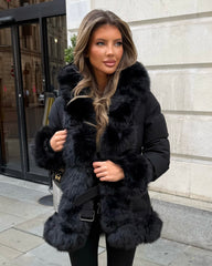 Colette Hooded Coat with Faux Fur Front & Cuffs- Black