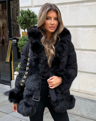 Colette Hooded Coat with Faux Fur Front & Cuffs- Black
