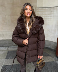 Seraphine Faux Fur Hooded Belted Coat- Brown