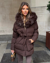 Seraphine Faux Fur Hooded Belted Coat- Brown