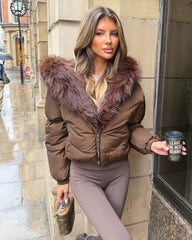Celeste Hooded Padded Bomber Jacket with Faux Fur Trim - Brown