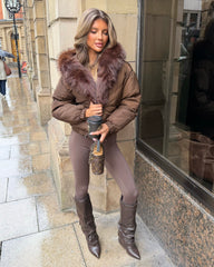 Celeste Hooded Padded Bomber Jacket with Faux Fur Trim - Brown