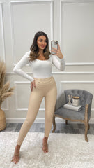 High Waisted Side Gold Button Leggings - Cream